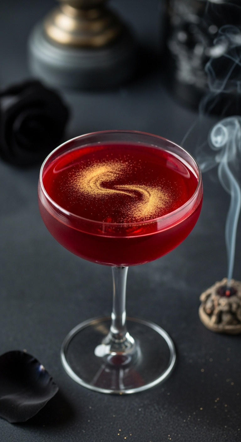 Glimmering Witchs Heart Elixir Cocktail In A Coupe Glass With Edible Gold Dust And A Black Rose Petal On A Dark Background