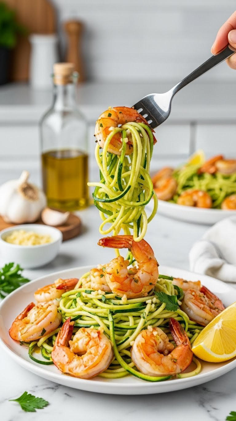Glistening Instant Pot Shrimp Scampi With Zucchini Noodles, Buttery Garlic Sauce, Fresh Parsley, And A Lemon Wedge On A White Plate.