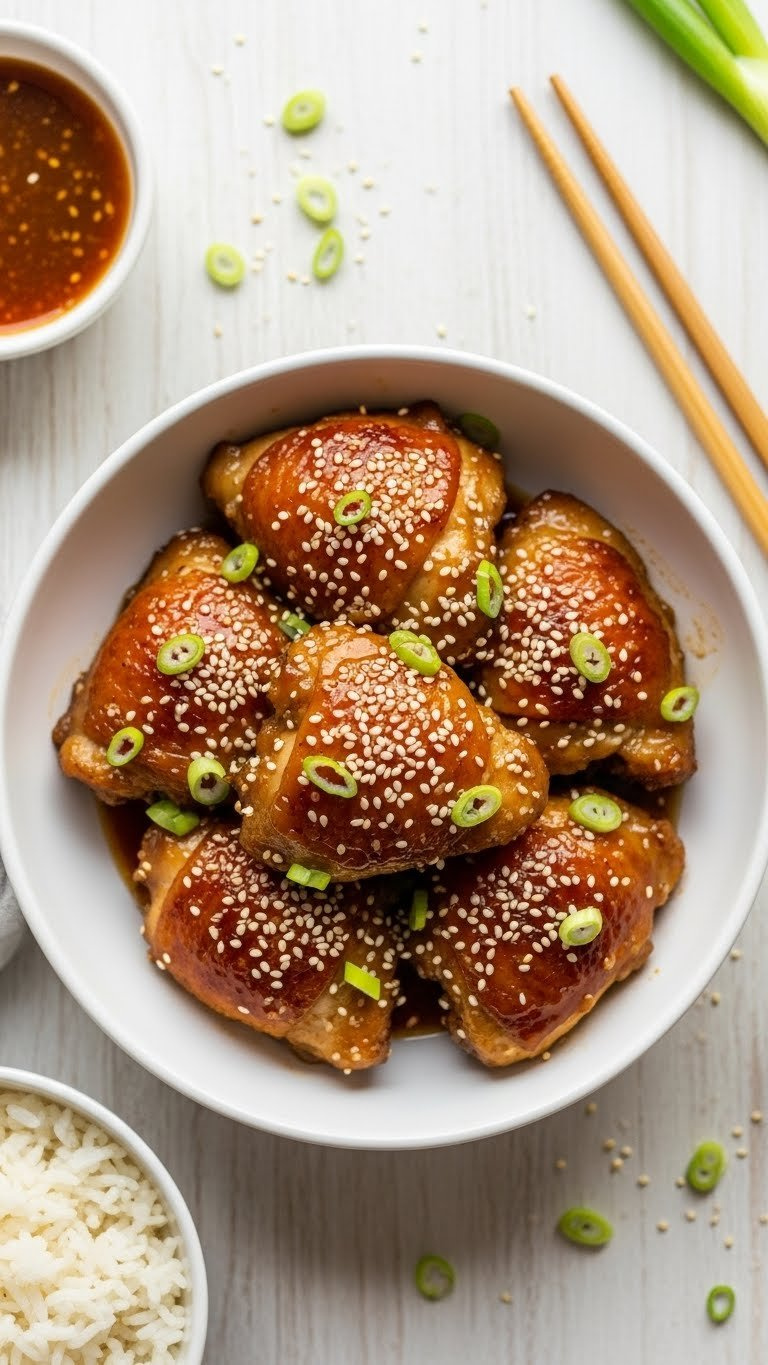 Glistening Instant Pot Honey Garlic Chicken Thighs Coated In Rich Sauce With Sesame Seeds And Green Onions, Served With Rice For Dinner.