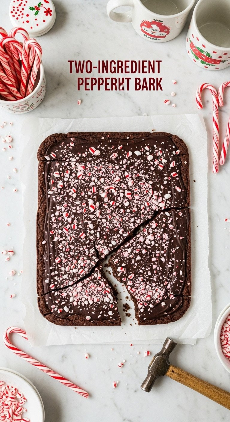 Glistening Two-Ingredient Chocolate Peppermint Bark With Dark Chocolate, Bright Crushed Candy Canes, On Parchment Paper.