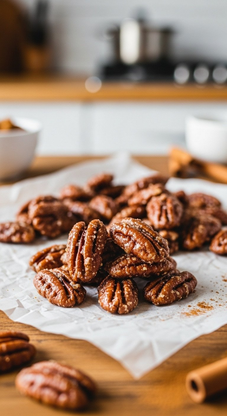 Glistening Candied Pecans Cooling On Parchment Paper On A Rustic Wooden Table, With Whole Nuts &Amp; Cinnamon For Baking.