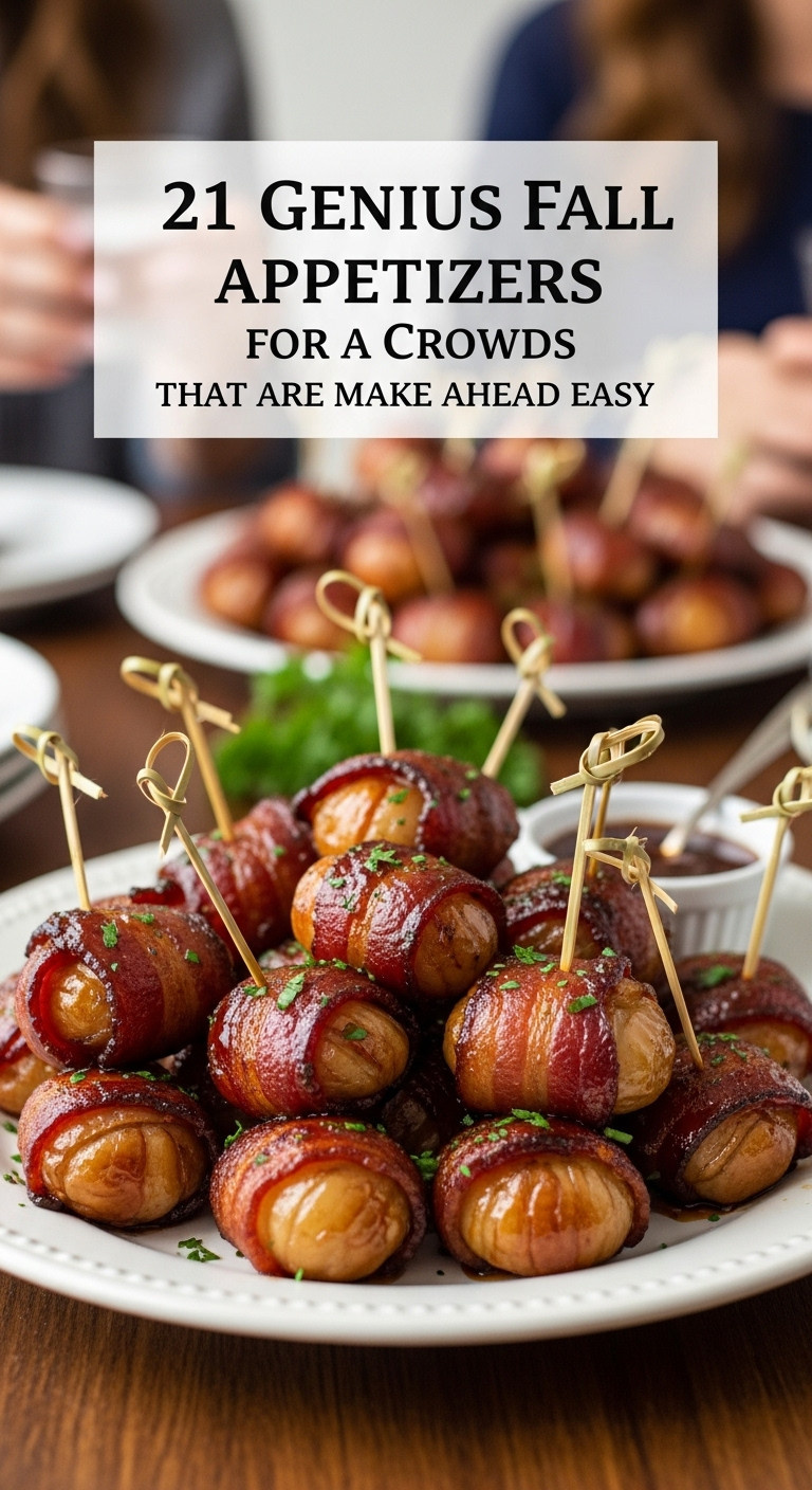 Glistening Caramelized Bacon Wrapped Water Chestnuts Secured With Toothpicks On A White Ceramic Platter