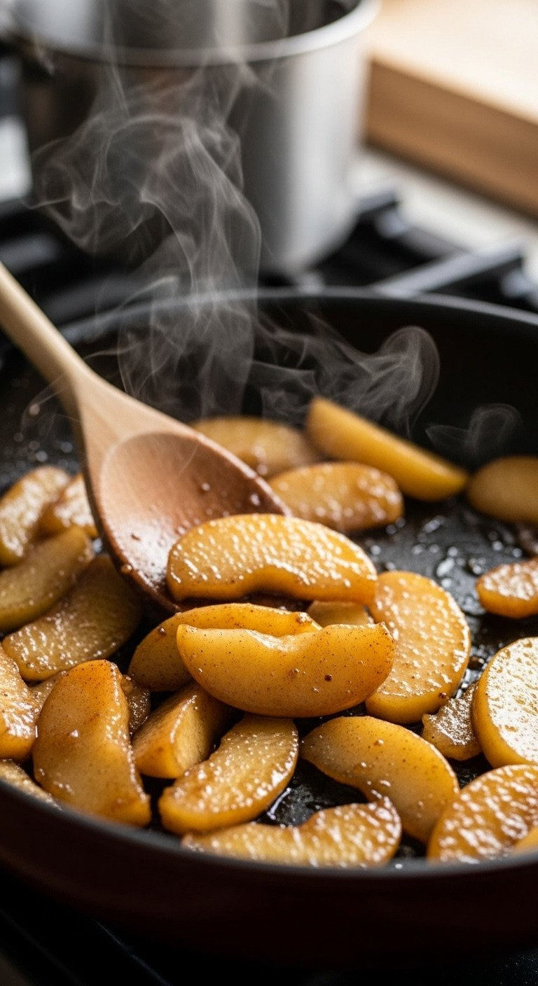 Glistening Caramelized Cinnamon Apple Slices Stirred In A Dark Pan, Steam Rising, Warm Homey Feel.