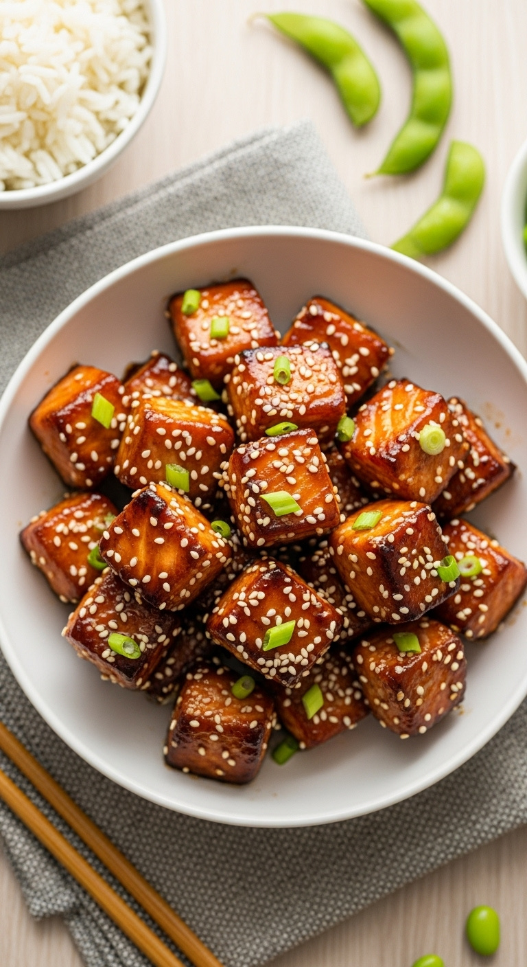 Glistening Caramelized Teriyaki Salmon Cubes In A White Bowl With Sesame Seeds, Scallions, Rice, Chopsticks, And Edamame