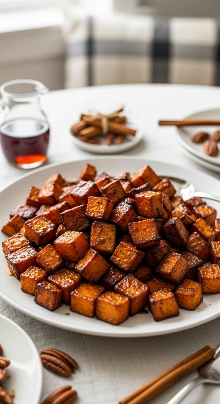 Glistening Cinnamon Maple Roasted Sweet Potato Cubes On A White Platter With Maple Syrup Cinnamon Sticks And Pecans