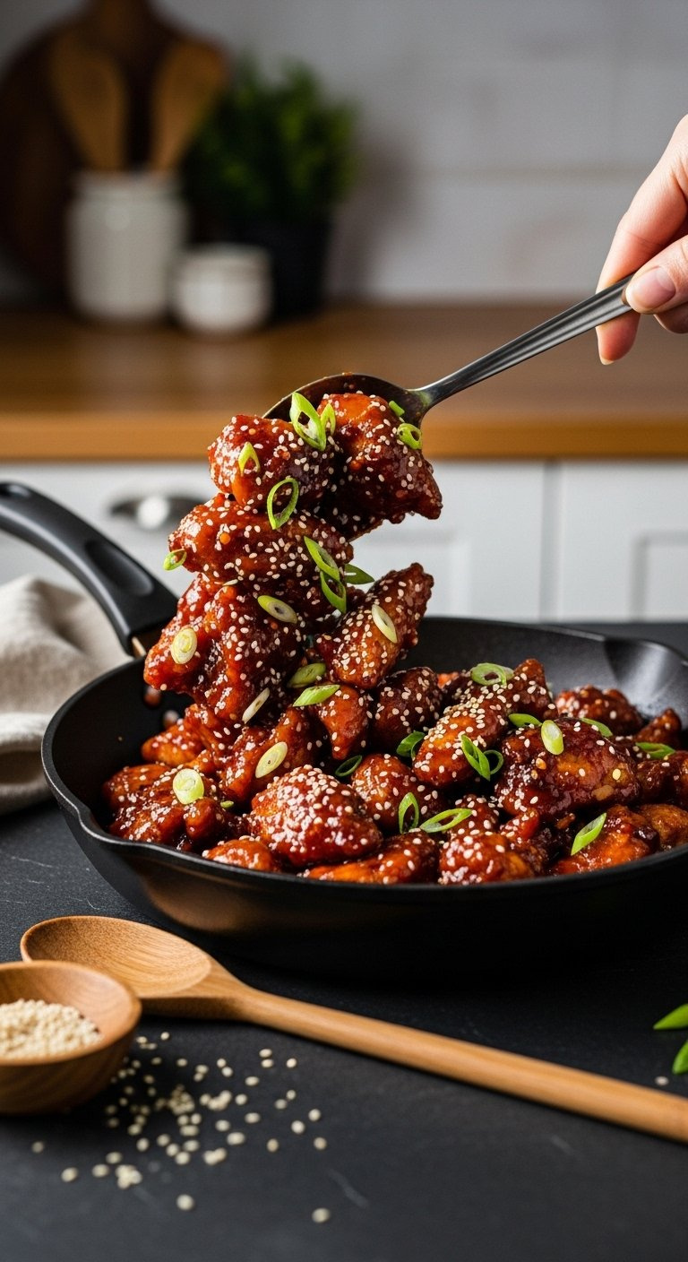 Glistening Gochujang Chicken Pieces Tossed In A Dark Pan With Green Scallions On A Slate Surface.