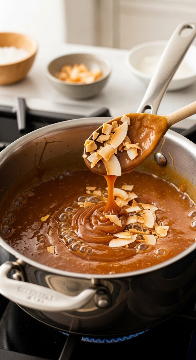 Glistening Golden-Brown Caramel, Bubbling In A Stainless Steel Saucepan, Is Stirred With Toasted Coconut On A Warm Kitchen Stovetop.