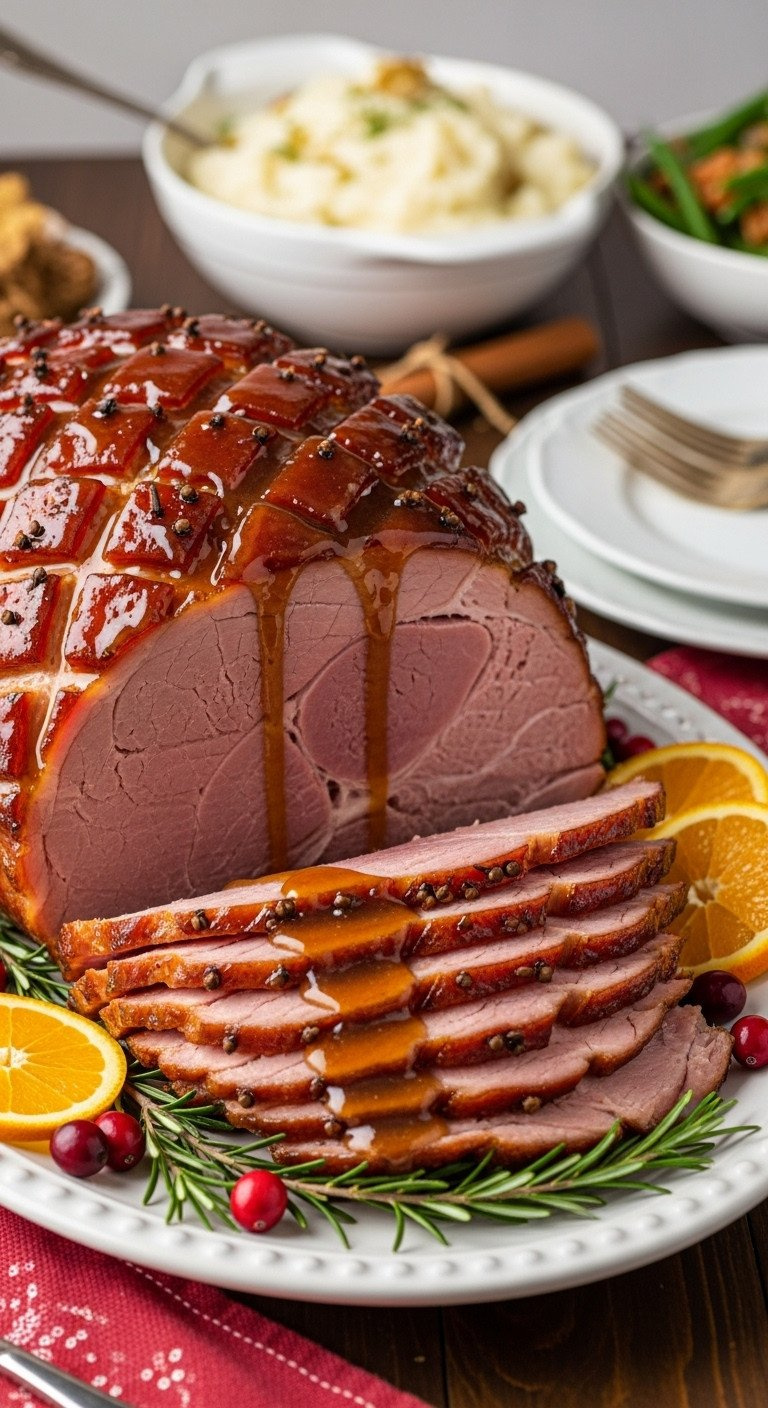 Glistening Honey-Bourbon Glazed Spiral Ham With Dripping Amber Glaze, Garnished With Orange And Cranberries For Holiday Feast.