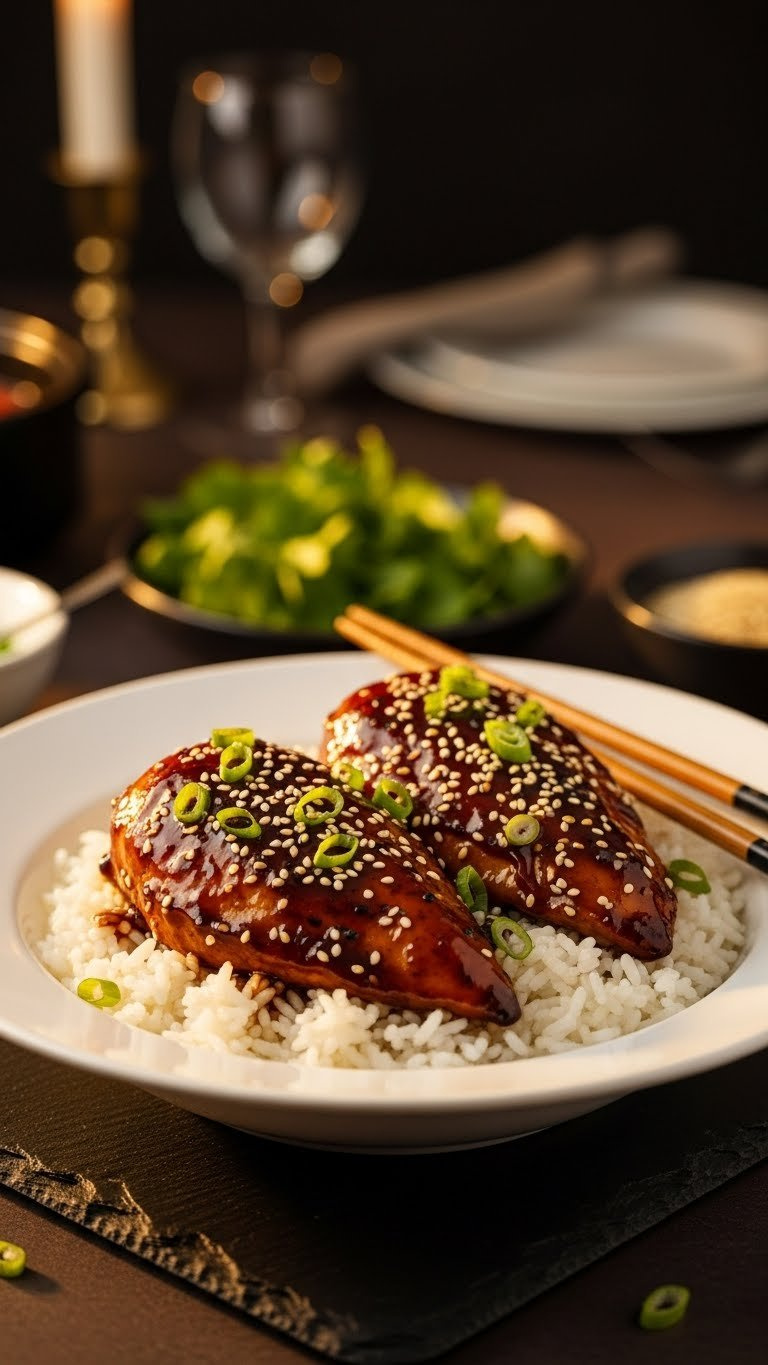 Glistening Honey Garlic Instant Pot Chicken Breasts Served Over Fluffy White Rice With Sesame Seeds And Green Onions.