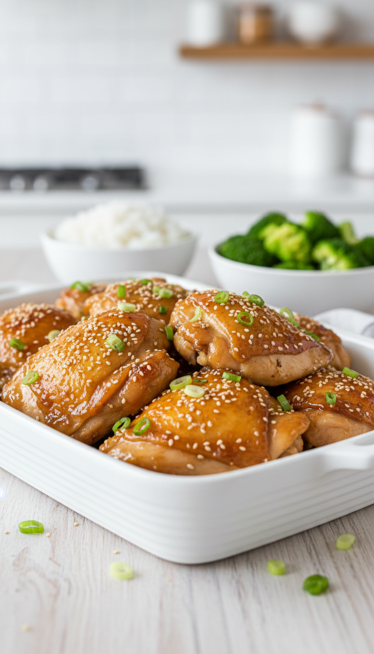 Glistening Honey Garlic Chicken Thighs Garnished With Sesame Seeds And Sliced Green Onions On A Platter.