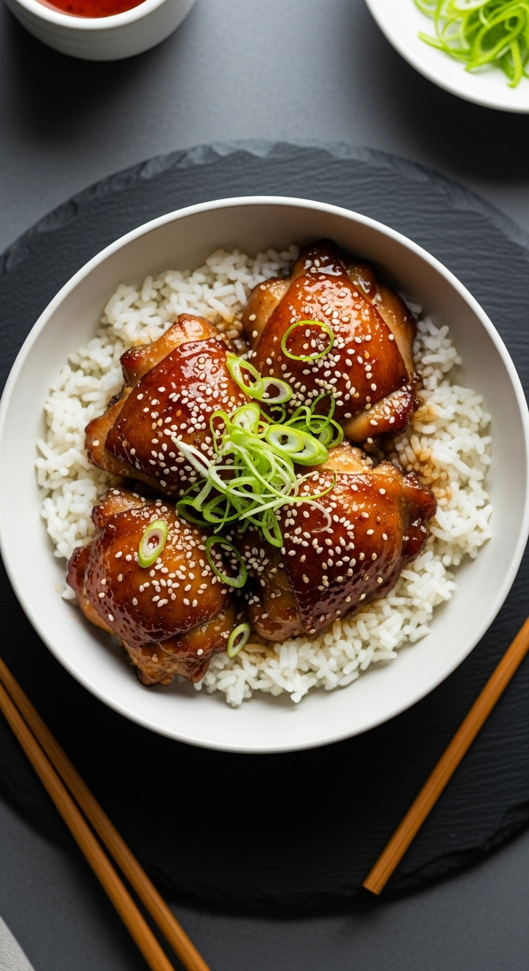 Glistening Honey Garlic Chicken Thighs Over White Rice Garnished With Green Onions And Sesame Seeds In A Ceramic Bowl On Slate