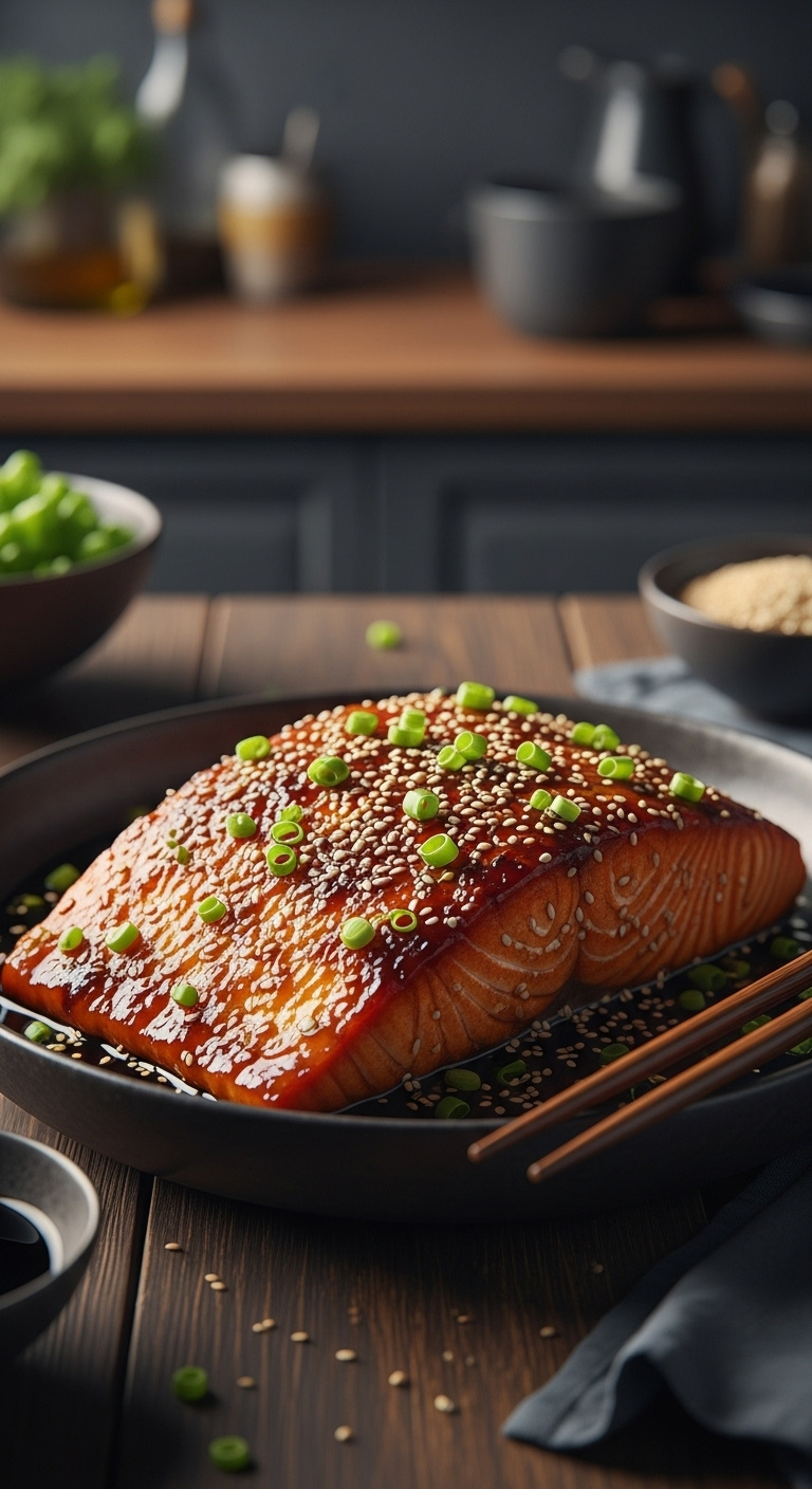 Glistening Honey Garlic Glazed Salmon Fillet With Sesame Seeds And Scallions In A Ceramic Bowl With Soy Sauce And Chopsticks