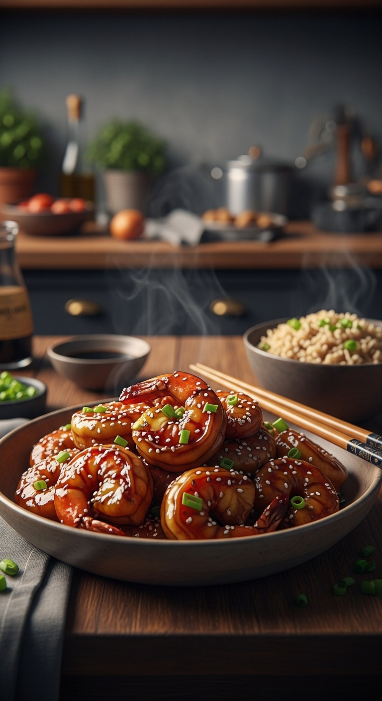 Glistening Honey Garlic Shrimp With Sesame Seeds And Green Onions In A Ceramic Bowl With Chopsticks, Soy Sauce, And Brown Rice