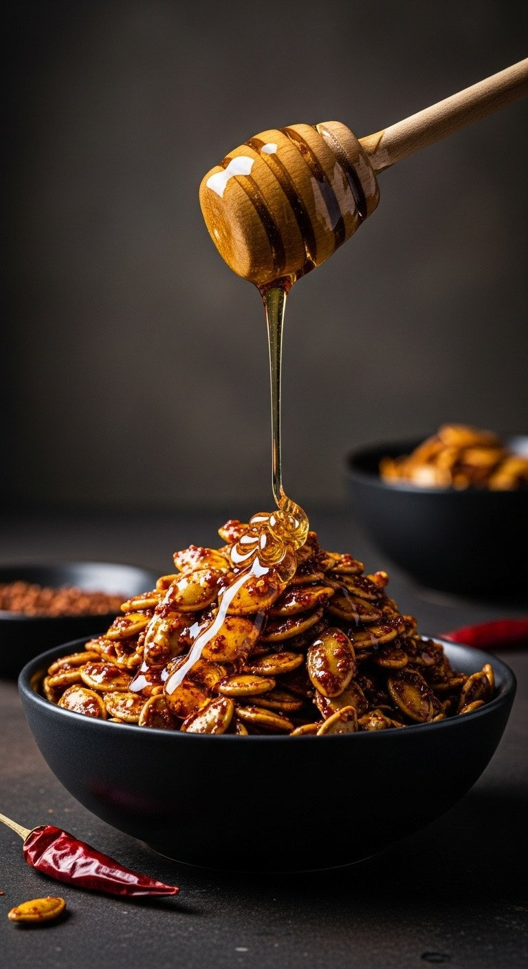 Glistening Hot Honey Roasted Pumpkin Seeds Drizzled With Honey In A Dark Bowl With A Wooden Dipper And Chili Pepper.