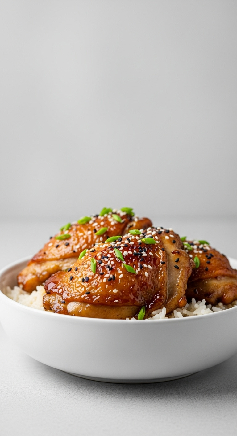 Glistening Perfectly Cooked Slow Cooker Honey Garlic Chicken Thighs In A Sticky Sauce Over Rice With Sesame Seeds And Chives