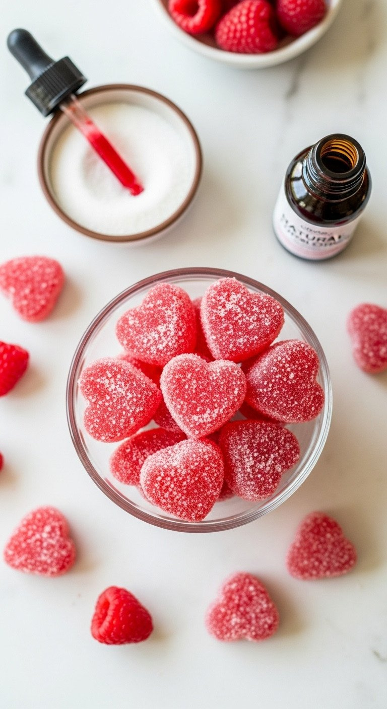 Glistening Red And Pink Heart-Shaped Valentine Gummy Candies With Sugar Coating In A Glass Dish, Fresh Raspberries.