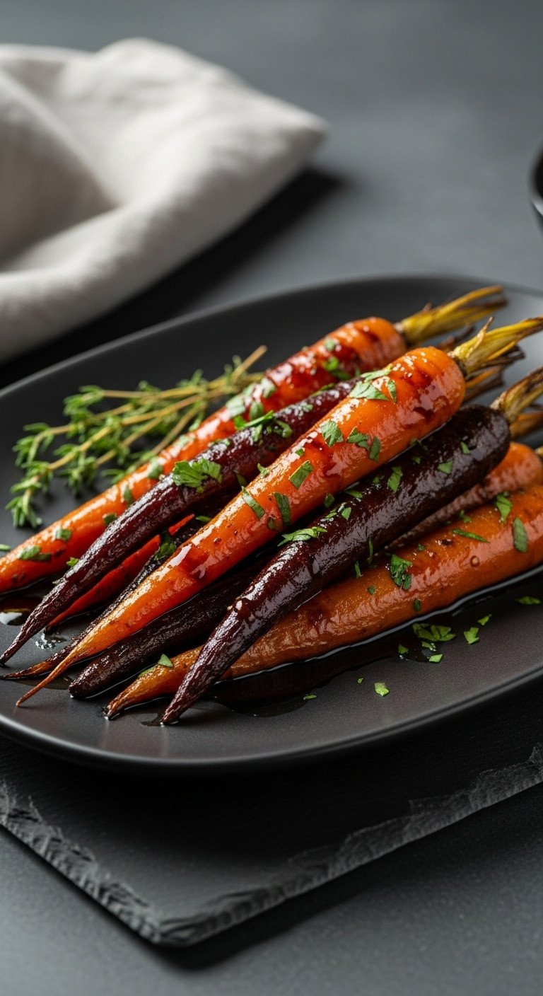 Glistening Roasted Balsamic &Amp; Honey Glazed Carrots On A Dark Platter, With Fresh Parsley And A Sprig Of Thyme.