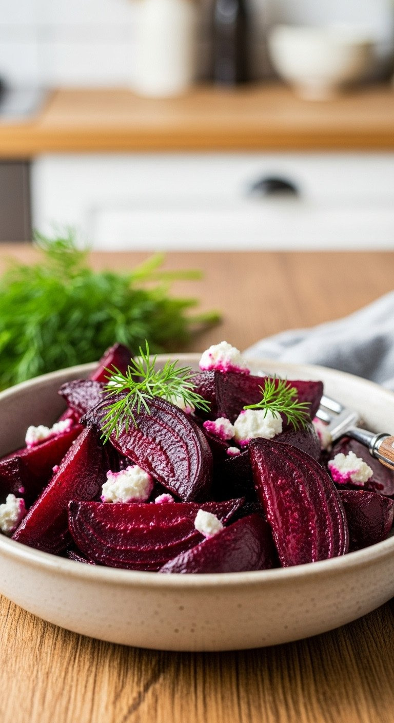 Glistening Roasted Beet Wedges With Caramelized Edges In A Rustic Ceramic Bowl, Topped With Goat Cheese And Fresh Dill.