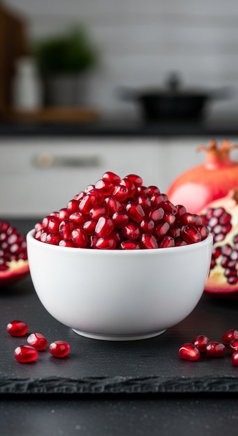 Glistening Ruby Red Pomegranate Arils In A White Ceramic Bowl, With A Halved Pomegranate On A Dark Slate Surface.