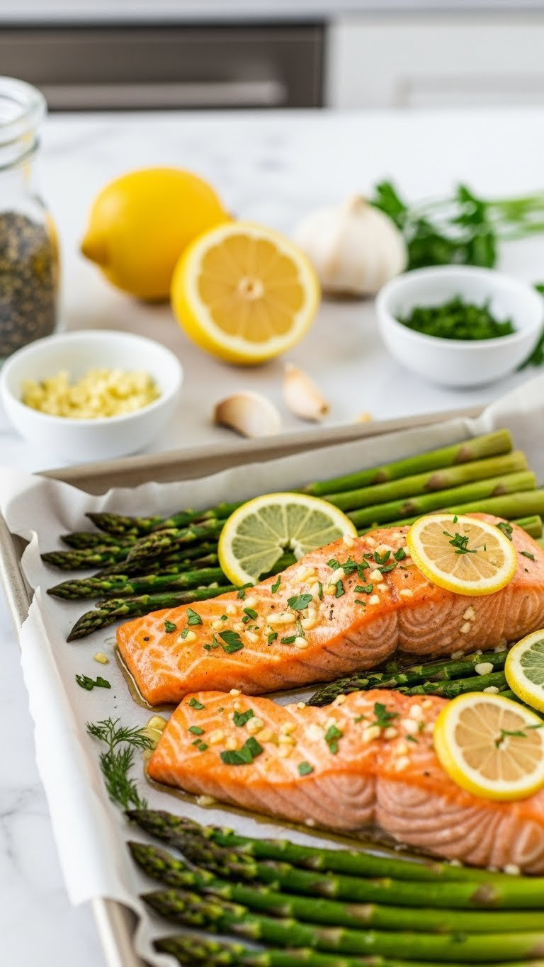 Glistening Salmon Fillets With Charred Edges Alongside Vibrant Asparagus Spears In Lemon Garlic Butter Sauce