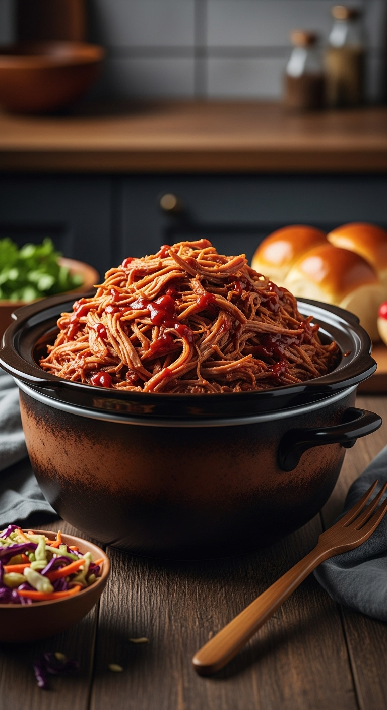 Glistening Shredded Slow Cooker Pulled Pork In Bbq Sauce Inside A Ceramic Slow Cooker Insert With A Brioche Bun And Coleslaw On Wood