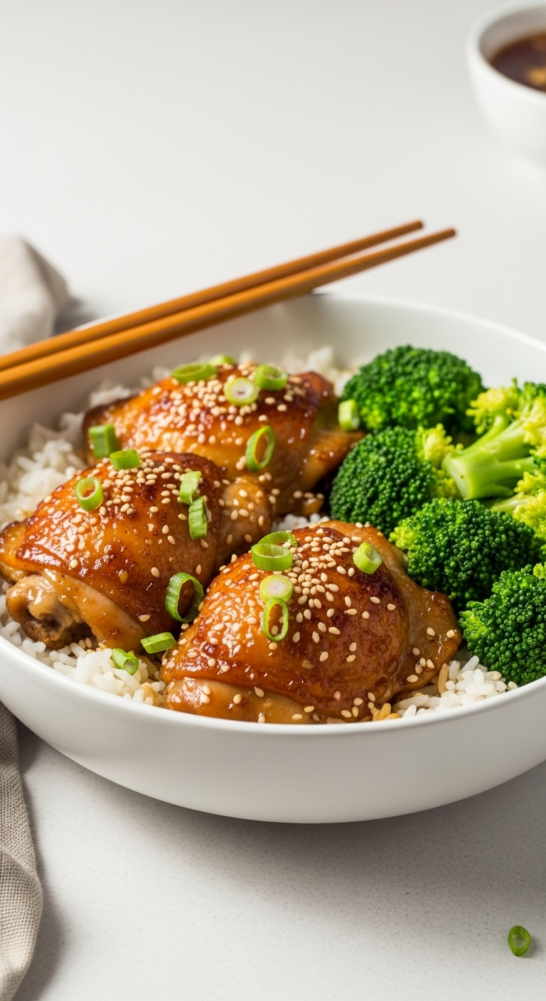 Glistening Slow Cooker Honey Garlic Chicken Thighs With Green Onions And Sesame Seeds, Served Over White Rice With Steamed Broccoli.