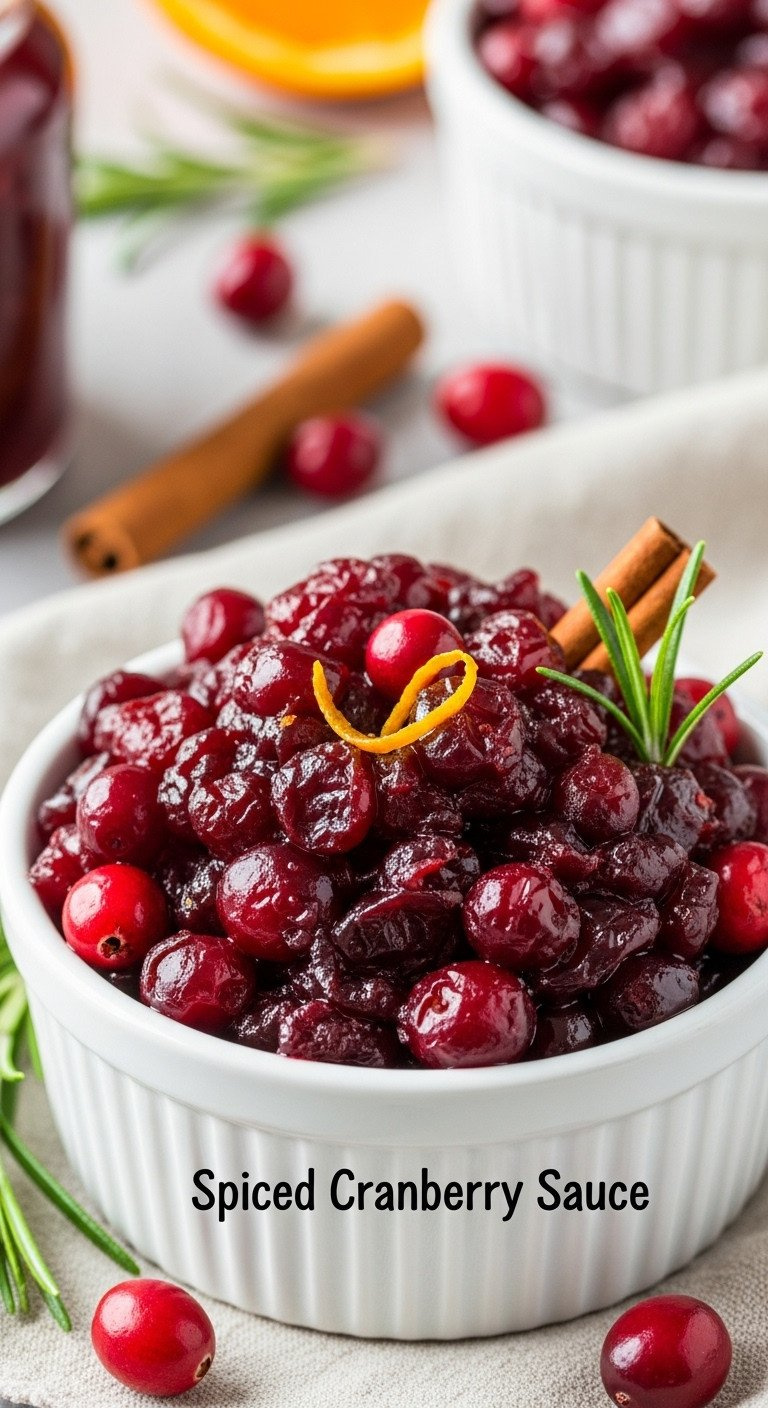 Glistening Spiced Cranberry Sauce With Whole Cranberries, Orange Zest, And Cinnamon In A White Porcelain Bowl.