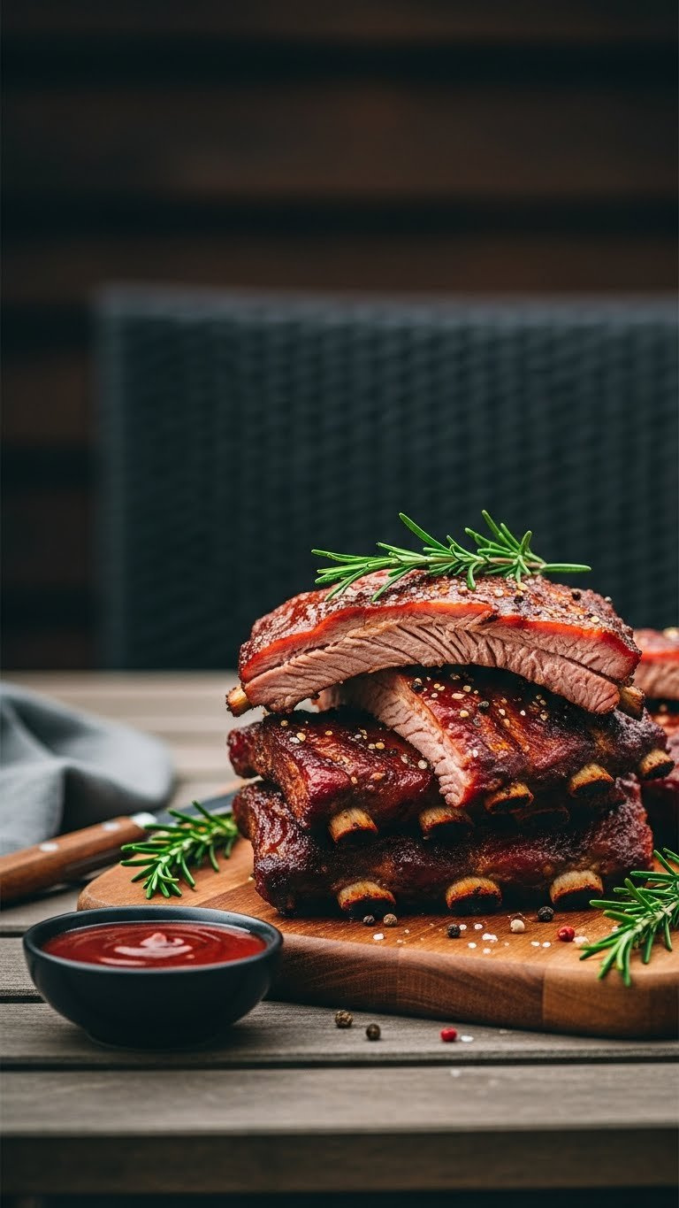 Glistening Stack Of Tender Instant Pot Keto Ribs Coated In Sugar-Free Bbq Sauce On A Rustic Wooden Board With Rosemary.