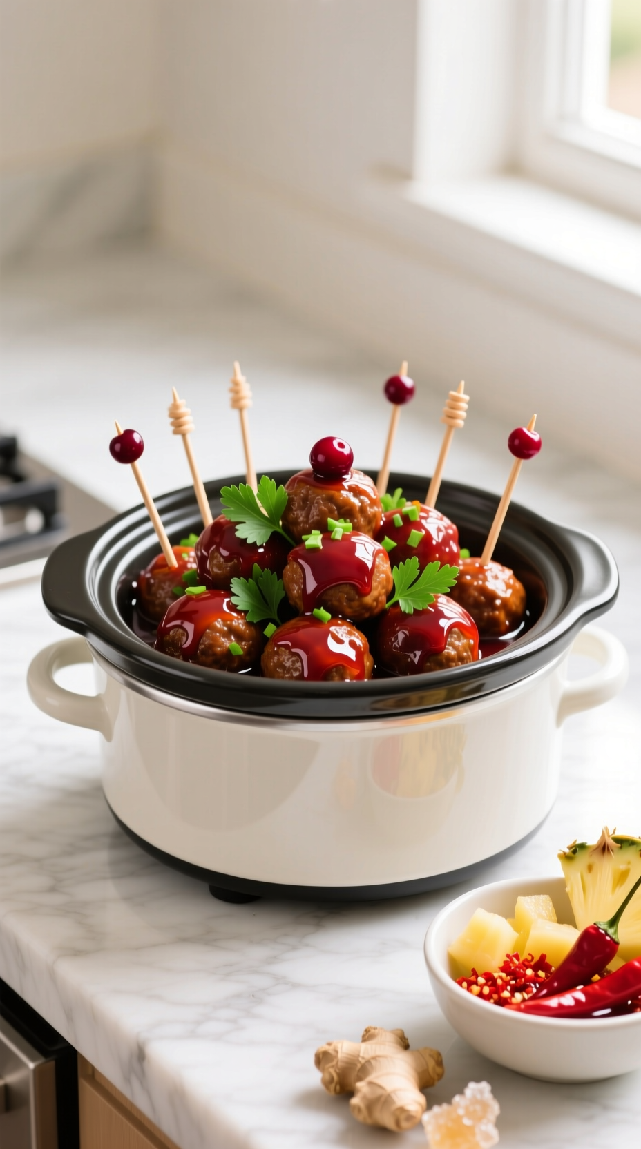 Glistening Sweet And Sour Cranberry Cocktail Meatballs With Toothpicks In A Slow Cooker Dipper On A Marble Countertop.
