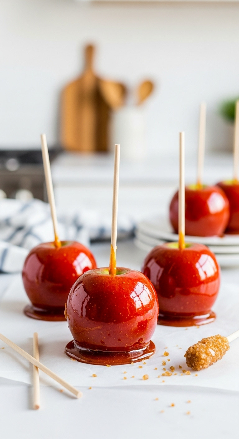Glistening Toffee Apples With Amber Coating On Sticks, On Parchment Paper With Sugar Crystals, For A Sweet Autumn Treat.