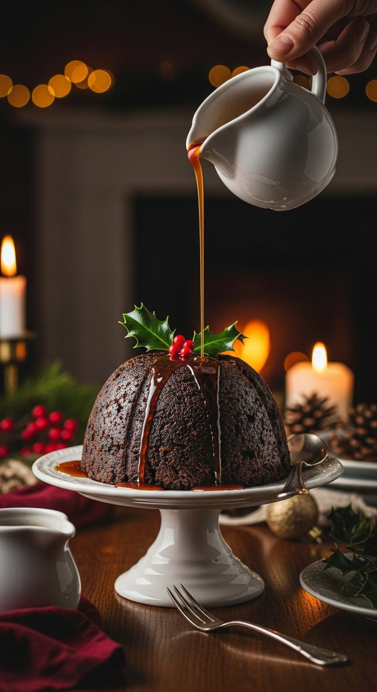 Glistening Vegan Christmas Pudding With Holly And Warm Brandy Sauce Pouring, On A Vintage Stand, Festive Decor.