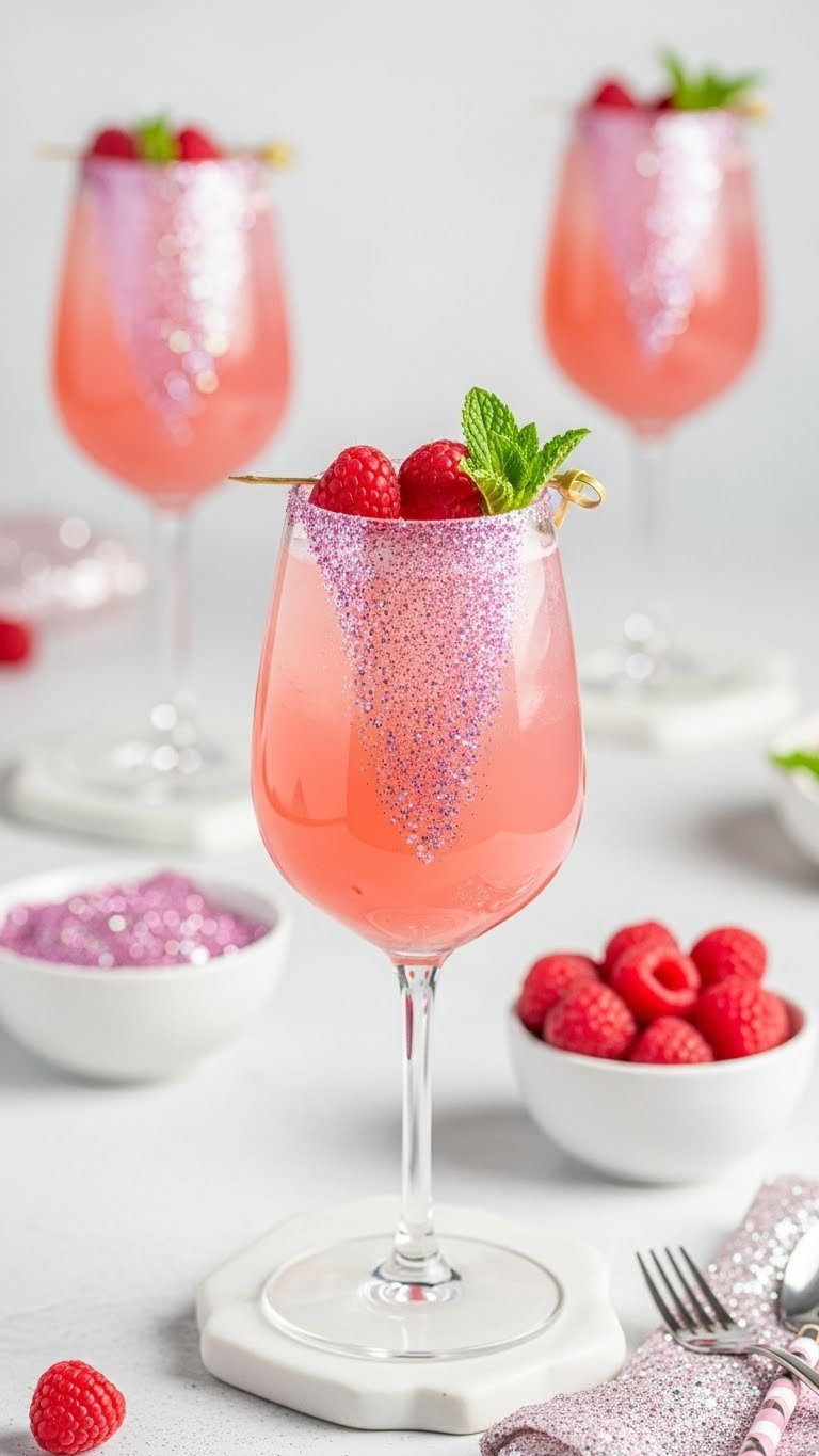 Glittery Raspberry Rosé Spritzer With Edible Glitter And Fresh Raspberries On White Ceramic Coaster