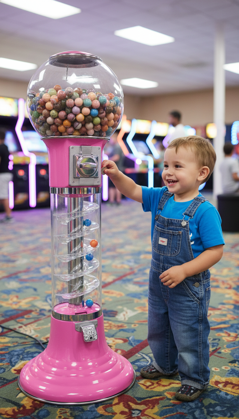 A Photo Collage Showing The Global Gumball Spiral Machine Being Set Up, A Close-Up Of The Beaver Coin Mechanism, And The Spiral Track Being Cleaned.