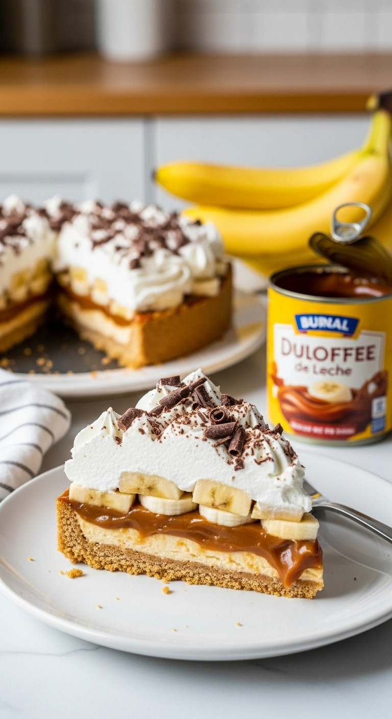 Glorious Slice Of Easy Banoffee Pie With Graham Cracker Crust, Dulce De Leche, Bananas, Whipped Cream, And Chocolate.