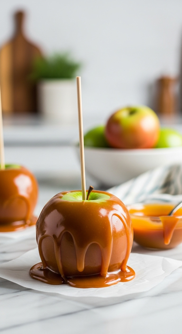 Glossy Granny Smith Caramel Apple With A Wooden Skewer, Dripping Caramel On Parchment Paper, Marble Counter. Cozy Fall Dessert Recipe.