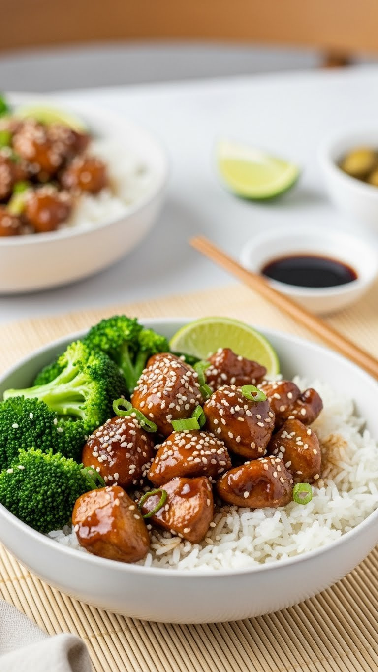 Glossy Instant Pot Teriyaki Chicken With Fluffy White Rice, Vibrant Broccoli, And Sesame Seeds In A Ceramic Bowl.