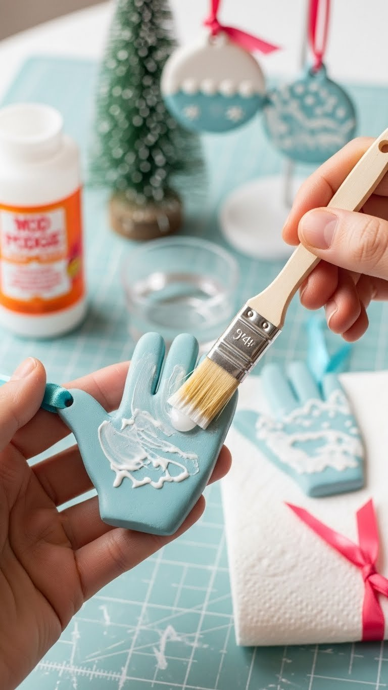 Glossy Mod Podge Being Brushed Onto Painted Baking Soda Clay Ornament For Sealing And Protection
