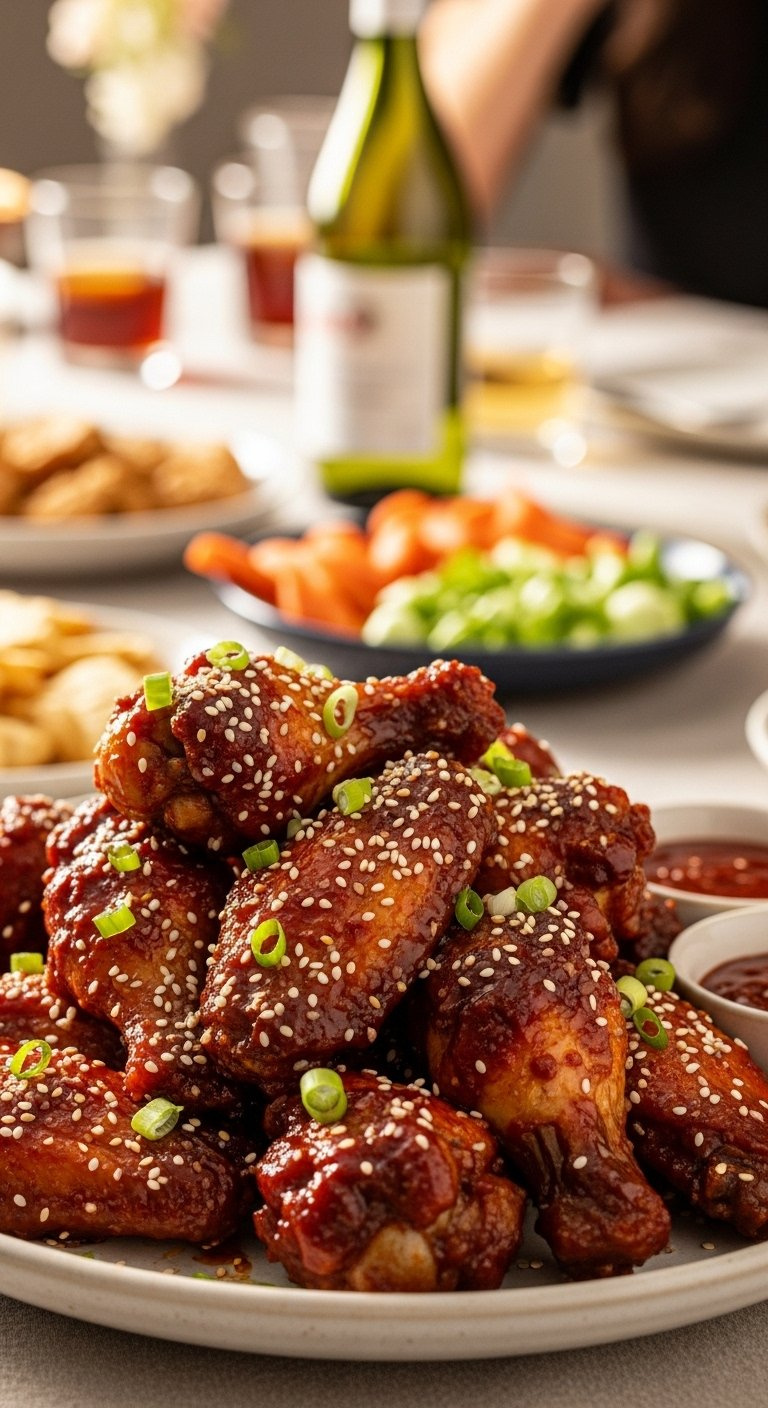 Glossy Baked Korean Chicken Wings Garnished With Sesame Seeds And Green Onions On A Platter.