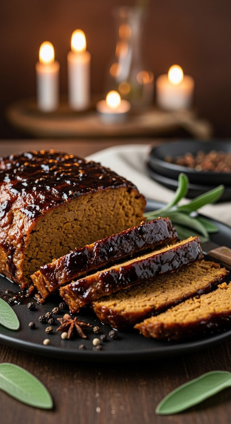 Glossy Balsamic-Maple Glazed Seitan Roast Slices On Platter, Showing Meaty Texture. Delicious Vegan Holiday Recipe.