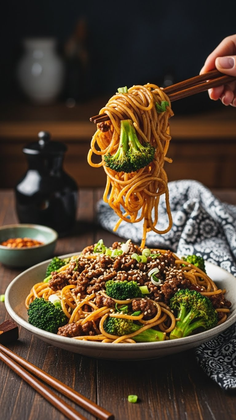 Glossy Beef And Broccoli Noodles Stir-Fry With Sesame Seeds And Fresh Scallions