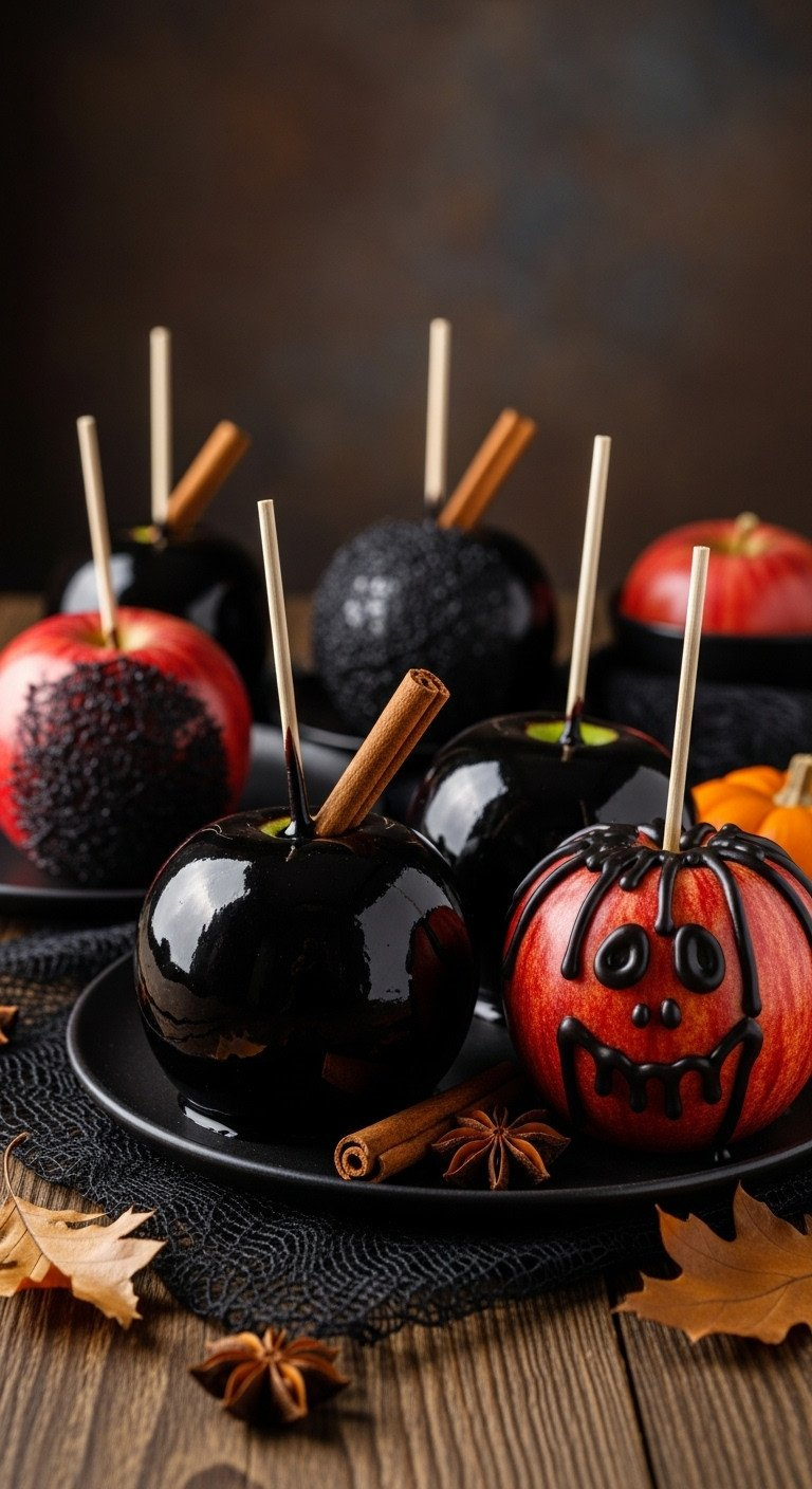 Glossy Black Halloween Candy Apples And Vibrant Red Cinnamon Apples On A Rustic Table With Pumpkins And Dried Leaves.