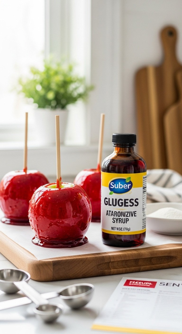 Glossy Candy Apple Made With Alternative Sweetener, Alongside Glucose Syrup Bottle, On A Wooden Board With Recipe Card.