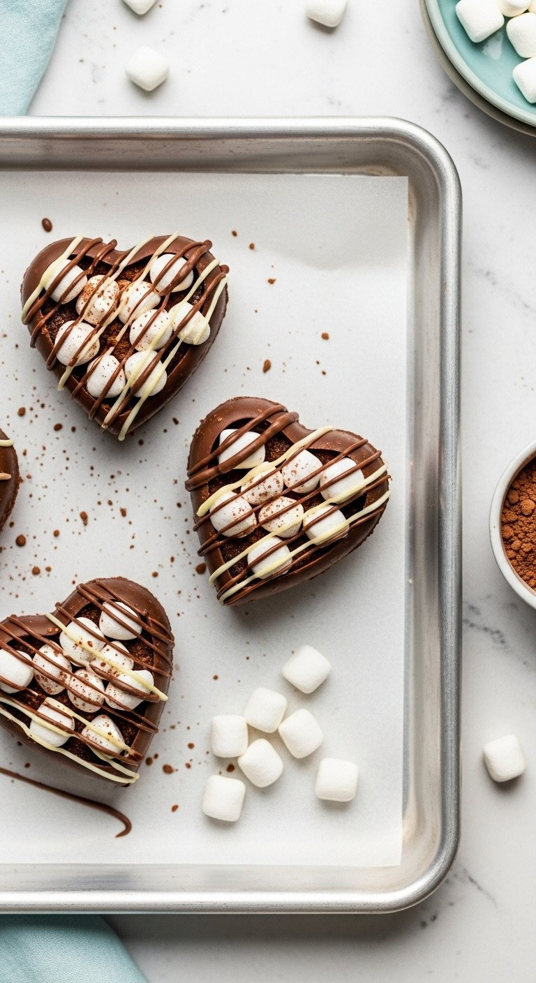 Glossy Chocolate Heart Hot Cocoa Bombs With White Drizzle, Marshmallows, On A Parchment Tray, Bright Kitchen Light.