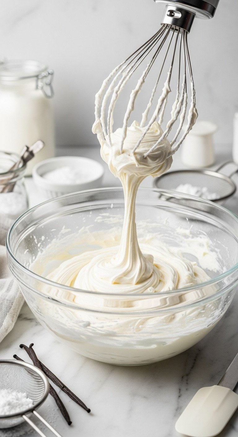 Glossy Cream Cheese Frosting Being Mixed In A Glass Bowl On A Marble Counter, Bright Airy Kitchen Setting.