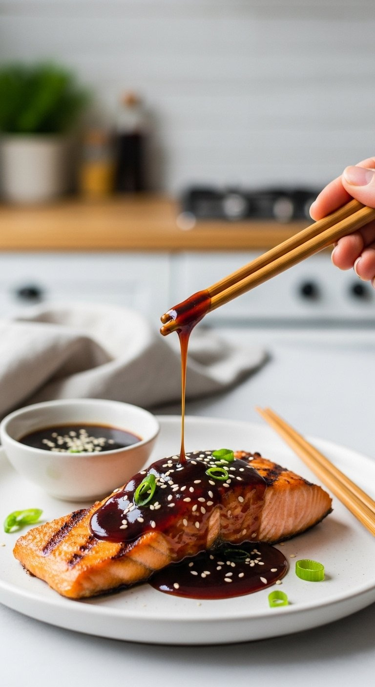 Glossy Dark Brown Homemade Teriyaki Sauce Coating Grilled Salmon With Sesame Seeds.