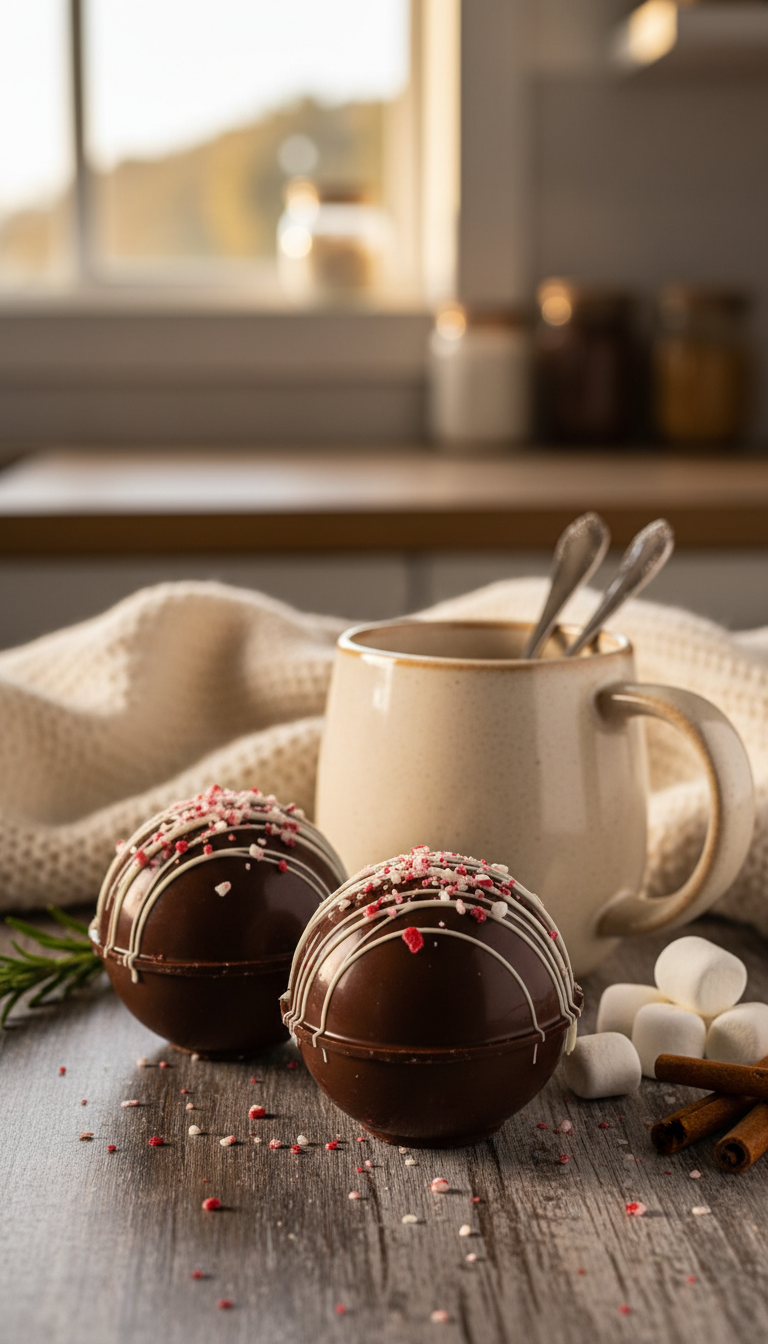 Glossy Dark Chocolate Hot Cocoa Bombs With White Chocolate Drizzle &Amp; Crushed Peppermint Next To A Cozy Mug On A Rustic Table.