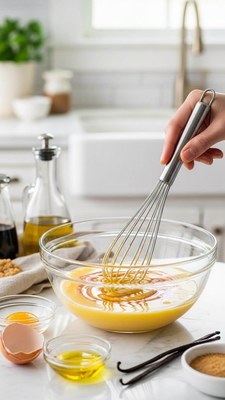 Glossy Emulsified Mixture Of Eggs, Brown Sugar, Oil And Vanilla Being Whisked In A Bowl With Metal Whisk