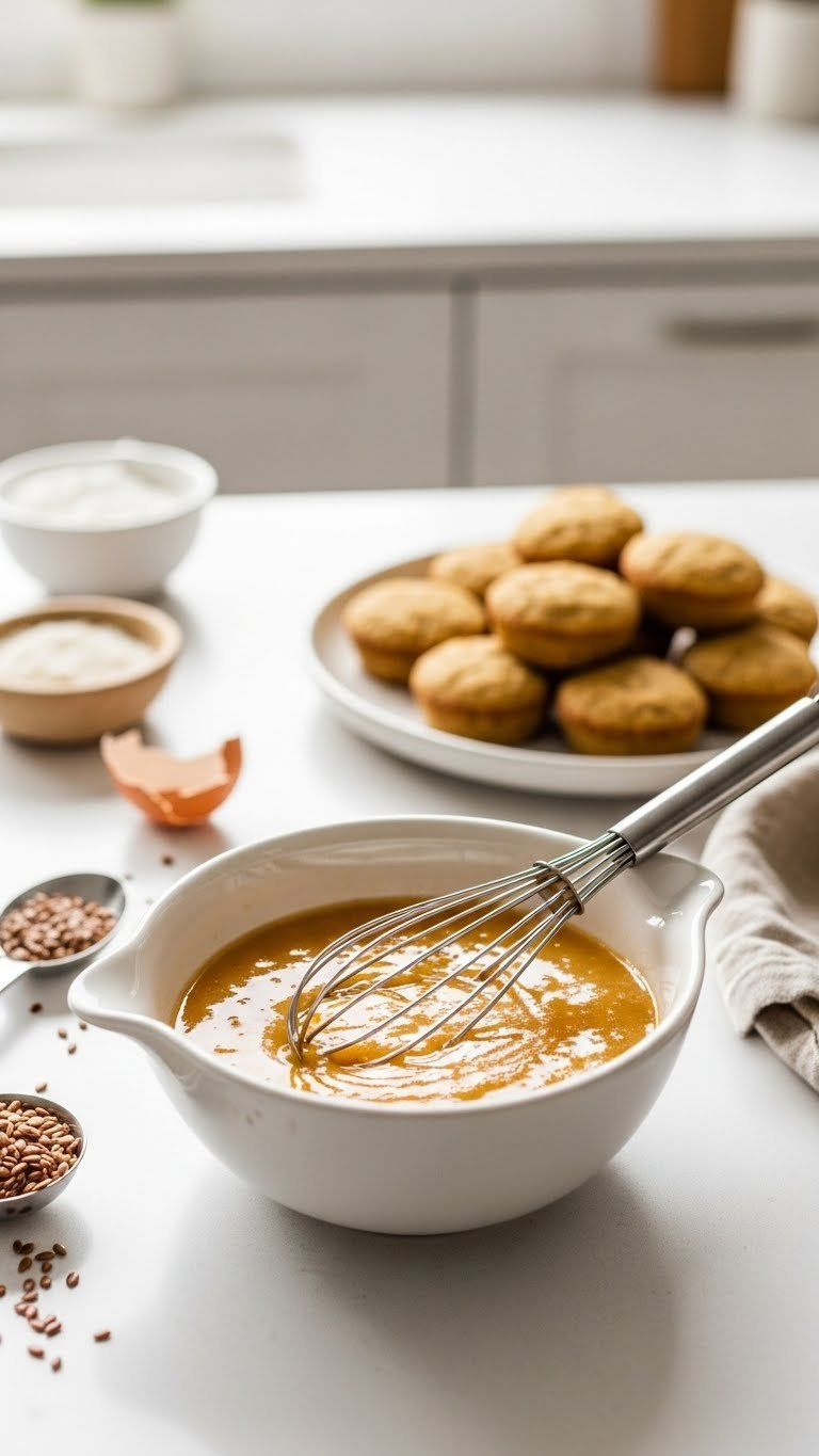 Glossy Flax Egg Mixture In Mixing Bowl With Whisk, Golden Egg-Free Cookies On White Countertop With Flaxseeds.