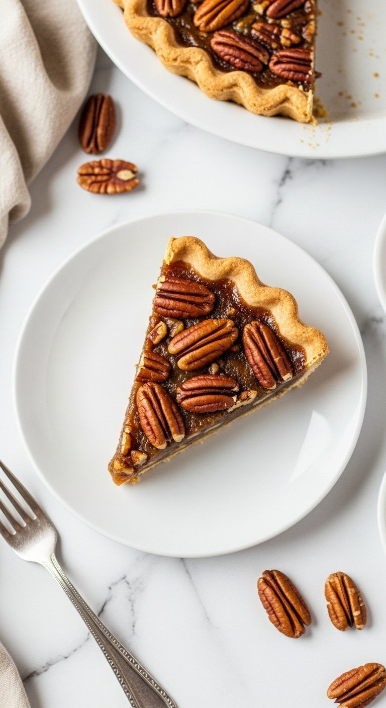 Glossy Gluten-Free Pecan Pie Slice On White Plate. Amber Filling, Toasted Pecans, Crisp Shortbread Crust. Elegant Holiday Dessert Recipe.