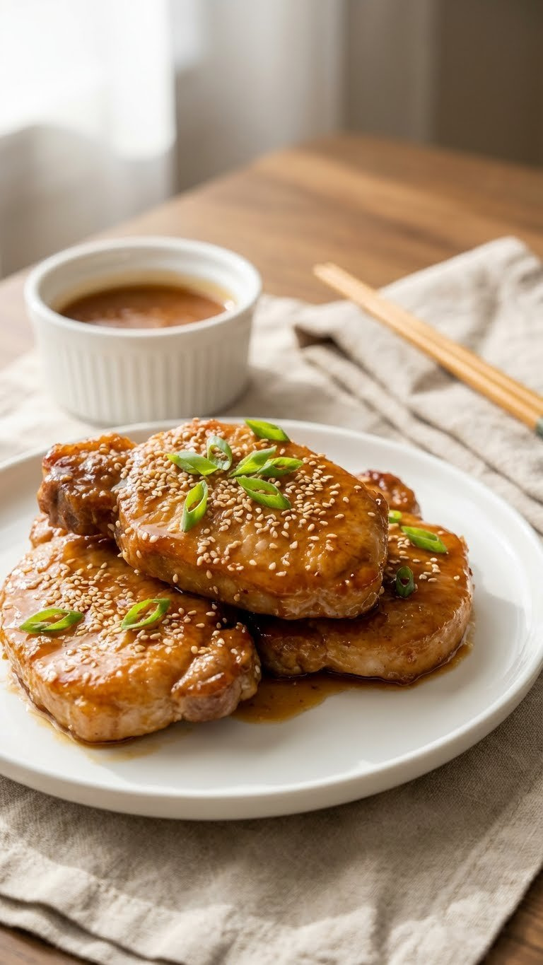 Glossy Honey Garlic Instant Pot Pork Chops With Sesame Seeds And Green Onions On A White Ceramic Plate, Ready To Serve.